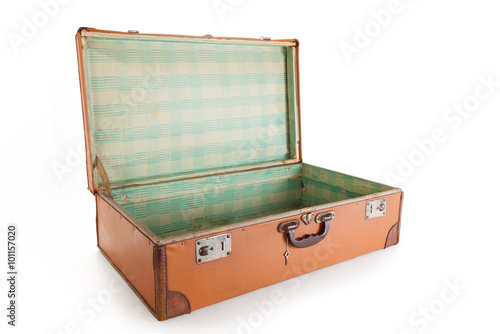 Old brown suitcase with a clipping path, isolated on white.