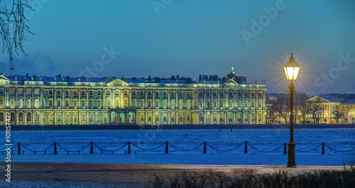 Building Hermitage Museum of Saint Petersburg, Russia winter eve