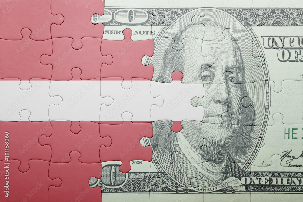 puzzle with the national flag of latvia and dollar banknote puzzle with the national flag of latvia and dollar banknote