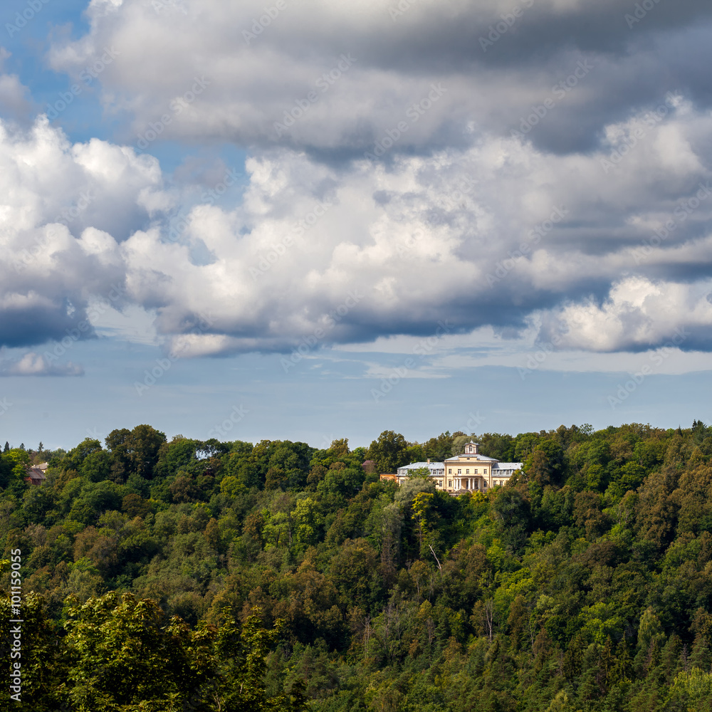 View to the Krimulda Palace on hill in forest, Latvia