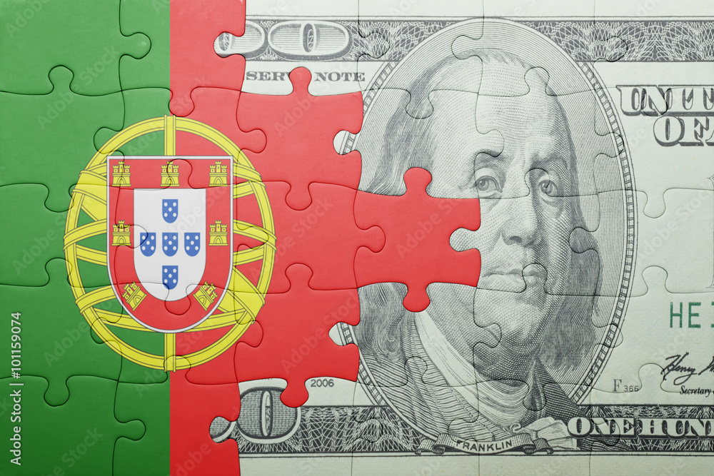 puzzle with the national flag of portugal and dollar banknote