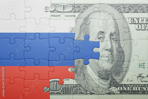 Wallpaper Mural puzzle with the national flag of russia and dollar banknote Torontodigital.ca