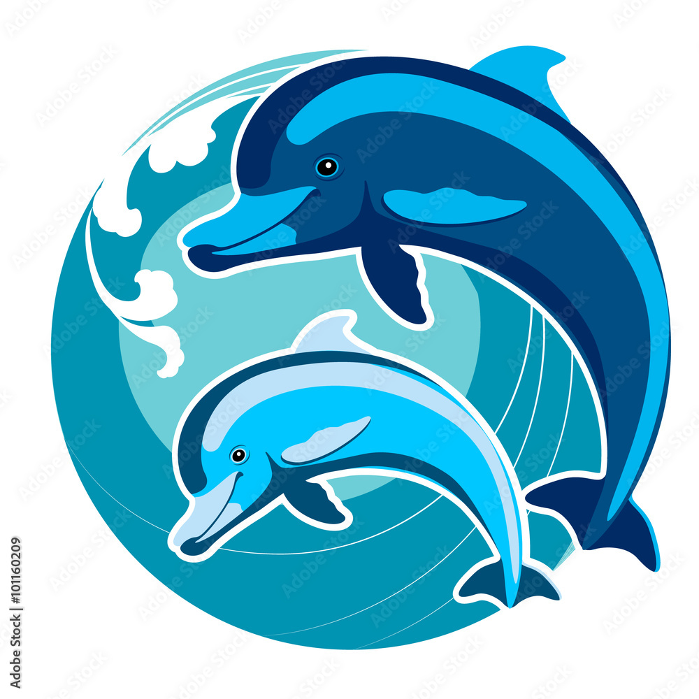 Obraz premium Dolphins amid the waves. A symbol of protection. Feng Shui
