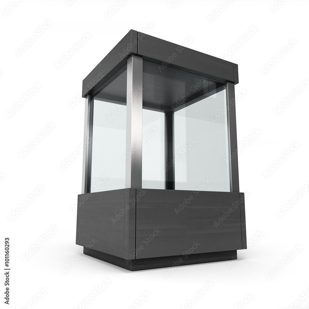 Black glass showcase with a cover isolated on a white background Black glass showcase with a cover isolated on a white background