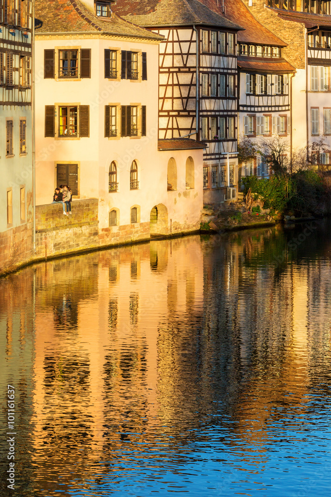 Strasbourg, water canal in Petite France area. Half timbered hou
