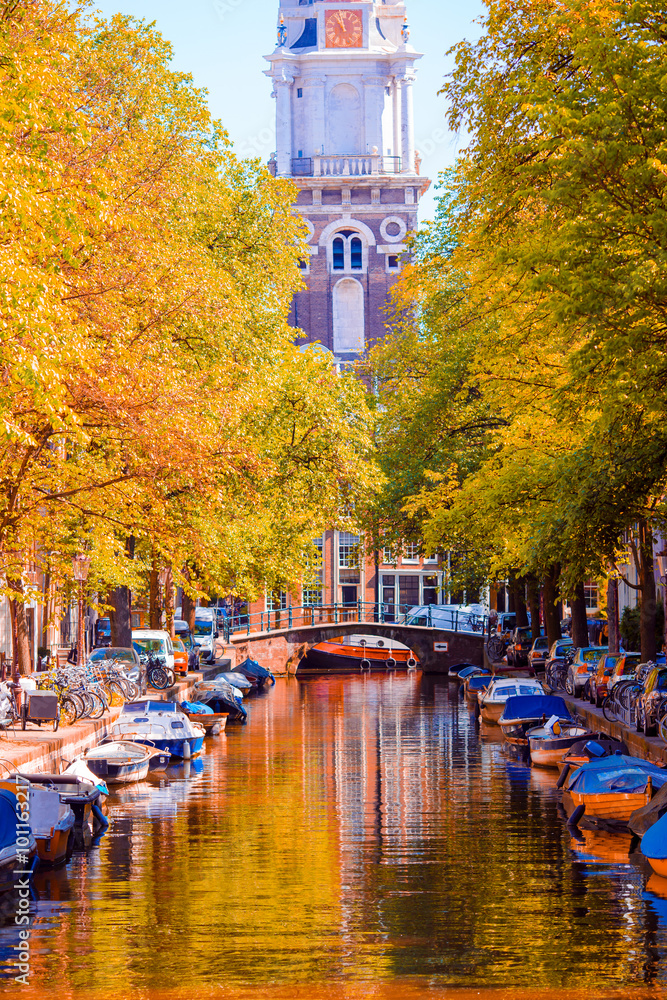 Beautiful old canal in autumn at Amsterdam, Netherlands