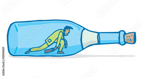 Tired businessman or workaholic crawling in wine bottle