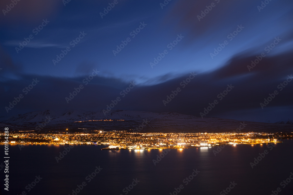 Icelandic city Akureyri at night