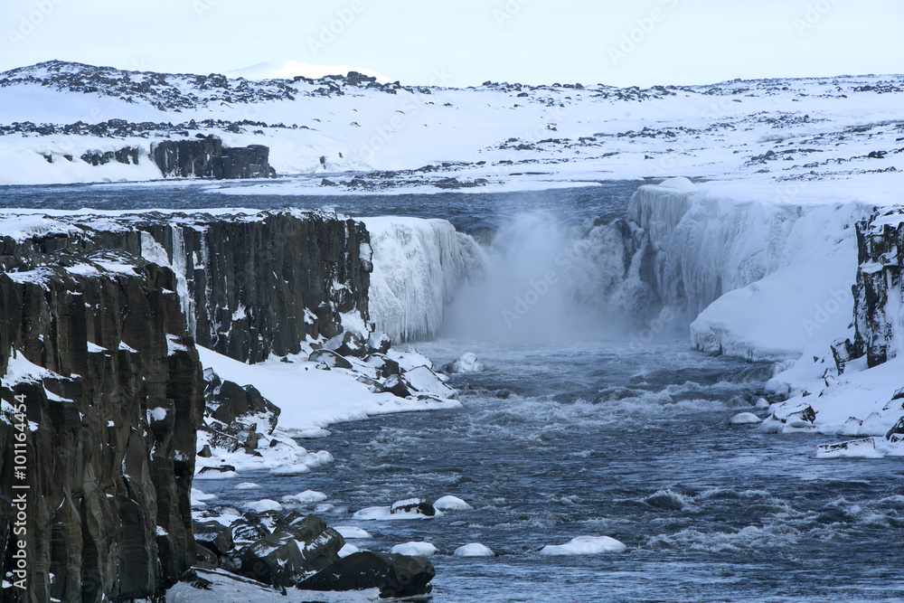 Waterfall Selfoss in Iceland, wintertime