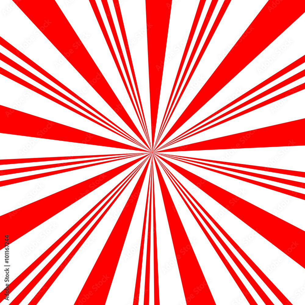 Red white sunbeam background. Red striped abstract wallpaper. Peppermint candy pattern texture. Vector illustration