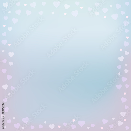 Pink blue romantic border with heart bokeh on blurred soft background . Serenity and rose quartz color wallpaper. Valentine's day, wedding, love concept. EPS 10 vector illustration.