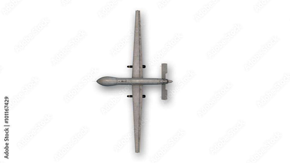 Drone in flight, unmanned combat aerial vehicle (UCAV) isolated on white background, top view