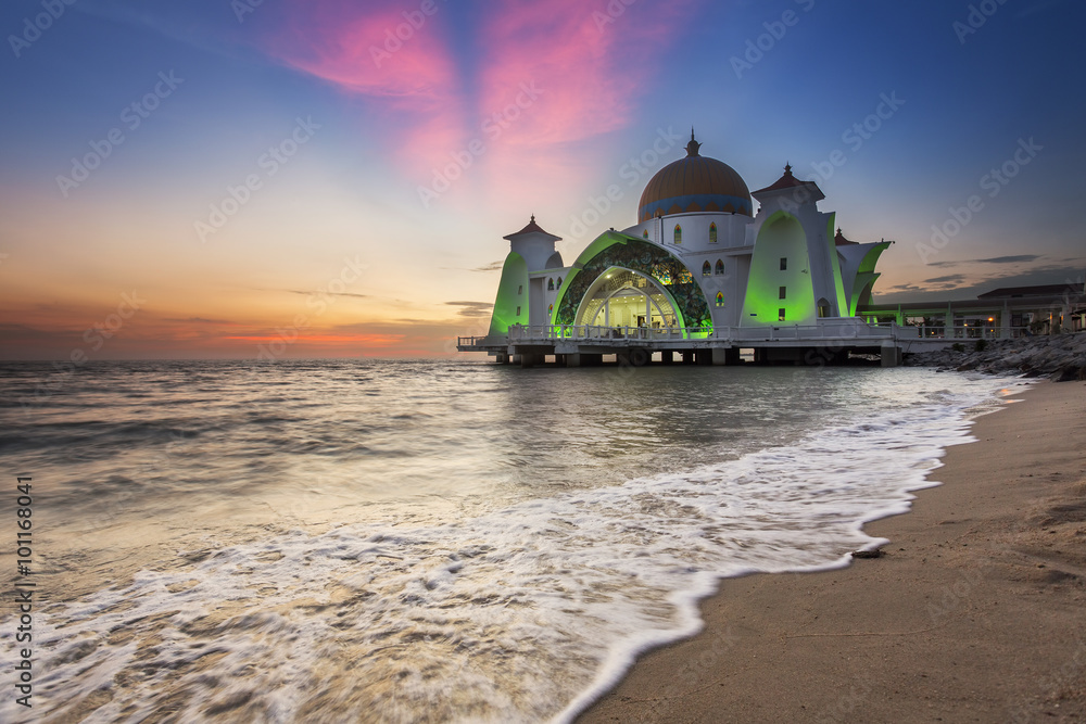 Malacca Straits Mosque in sunset - Masjid Selat Melaka. It is a