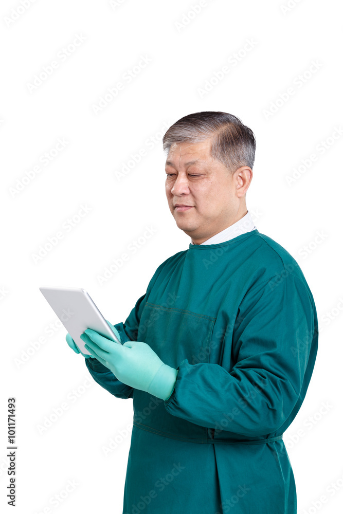 portrait old asian man doctor in gown with digital tablet portrait old asian man doctor in gown with digital tablet
