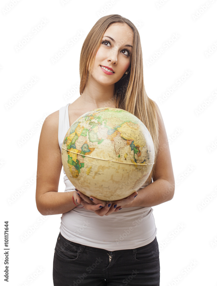 beautiful young woman holding a globe beautiful young woman holding a globe