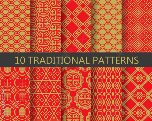 red and gold chinese patterns, vector