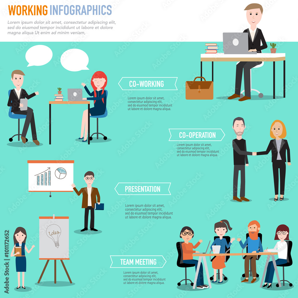People working in the co-working space infographics elements