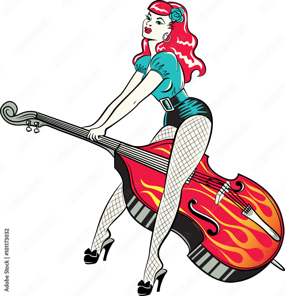 Rockabilly pinup girl sitting on a hotrod painted with flames against a  starry night sky Stock ベクター | Adobe Stock