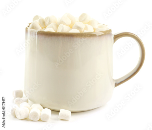 Mug of hot chocolate with marshmallows, isolated on white