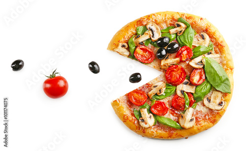 Sliced delicious tasty pizza, isolated on white