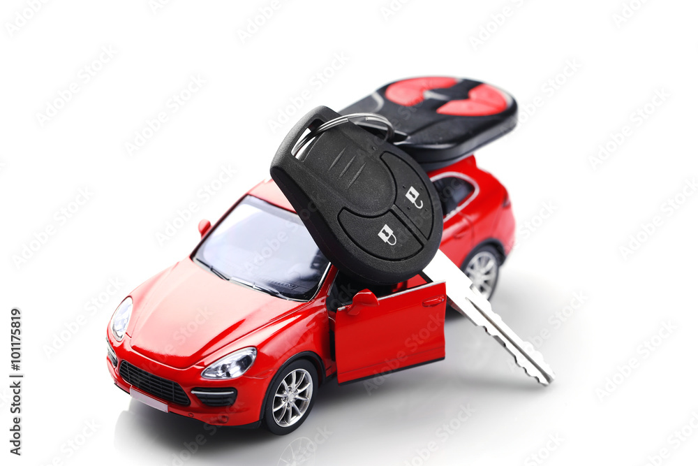 Little red car with key isolated on white background Stock 写真 Adobe Stock