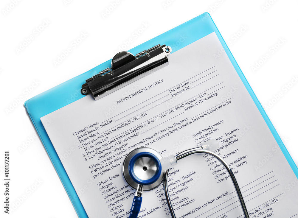 A stethoscope and clipboard, isolated on white A stethoscope and clipboard, isolated on white