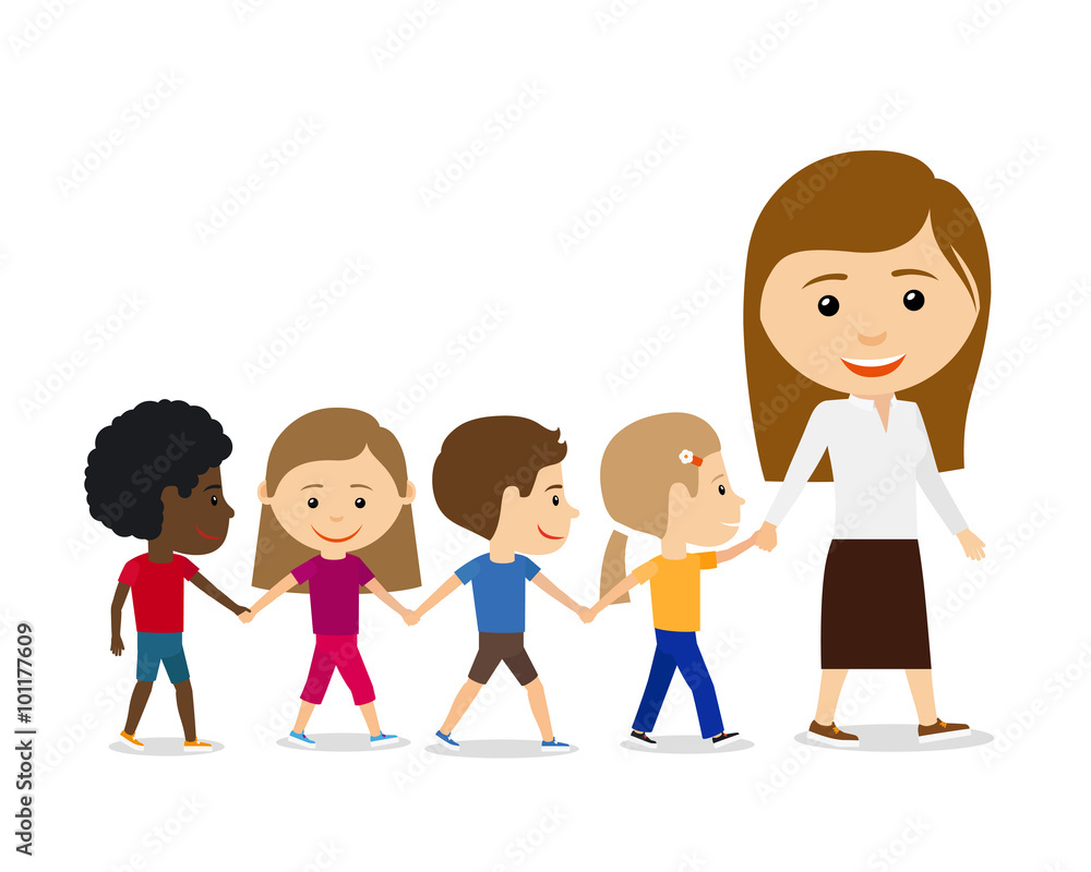 Teacher with kids on white background, walking and holding hands. Kids education vector illustration