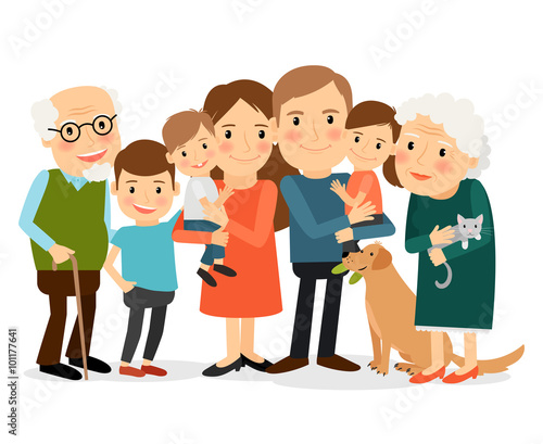 Happy family portrait. Father and mother, son and daughter, grandparents in one picture together. Vector illustration.