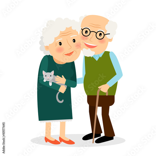 Old couple. Grandmother and grandfather standing together. Senior family with cat. Vector illustration. 