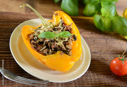 Stuffed peppers with meat, rice and mushrooms photo