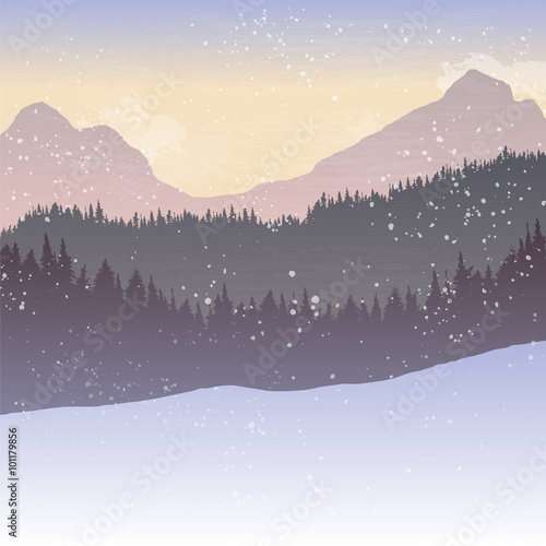 mountain landscape with fir trees and snow