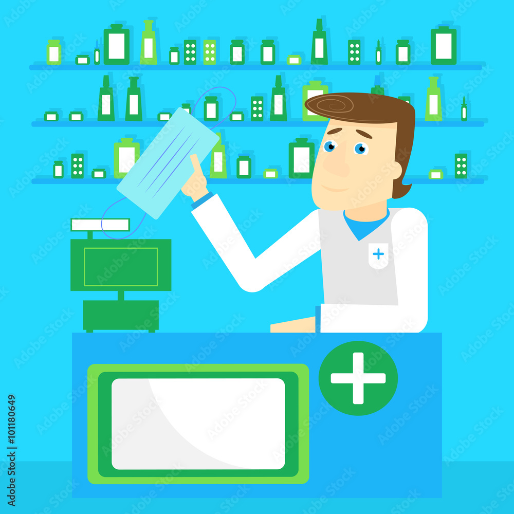 Male pharmacist behind the counter pharmacy offers respiratory protective masks Male pharmacist behind the counter pharmacy offers respiratory protective masks