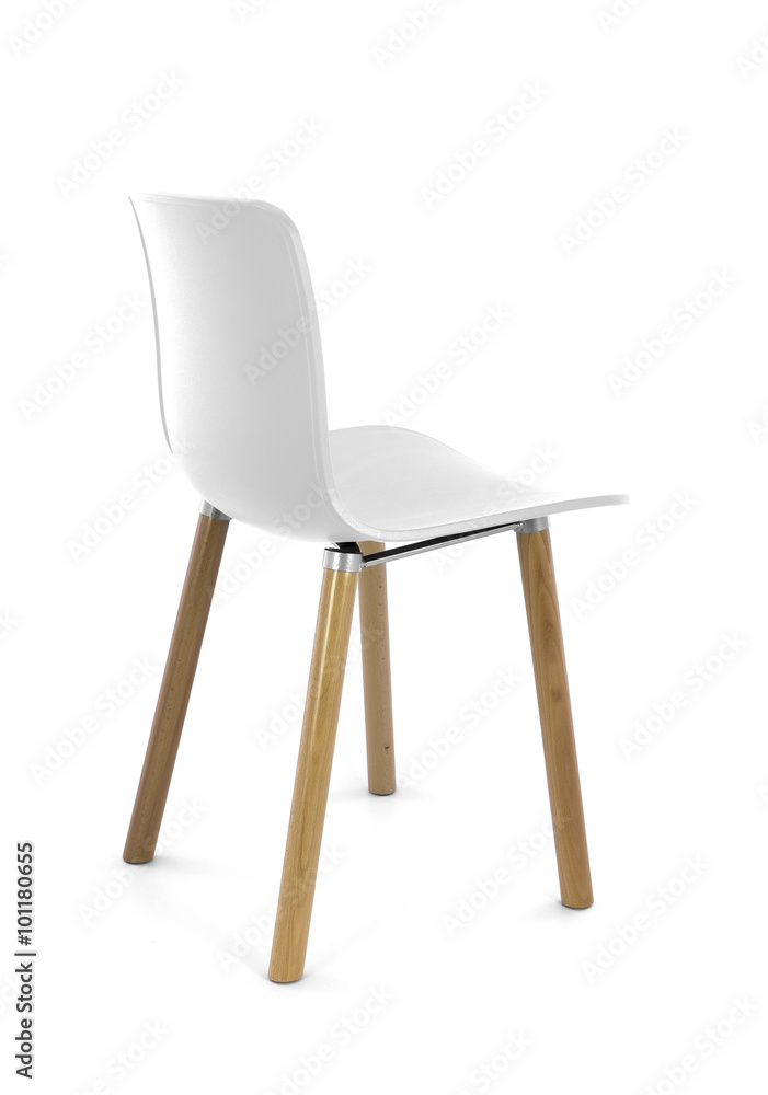 White Plastic Modern Chair with Wood Legs, Three Quarter Rear View White Plastic Modern Chair with Wood Legs, Three Quarter Rear View