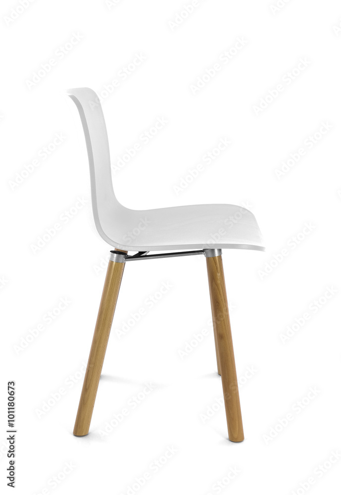 White Plastic Modern Chair with Wood Legs, Side View White Plastic Modern Chair with Wood Legs, Side View