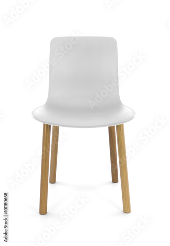 White Plastic Modern Chair with Wood Legs, Front View