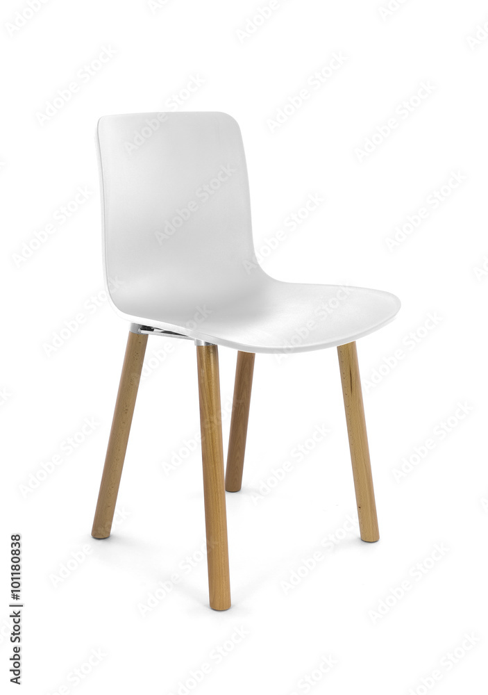 White Plastic Modern Chair with Wood Legs, Three Quarter View White Plastic Modern Chair with Wood Legs, Three Quarter View