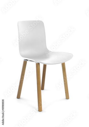 White Plastic Modern Chair with Wood Legs, Three Quarter View