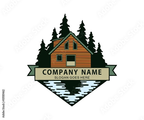 Valokuva cabin in the woods river lake side logo
