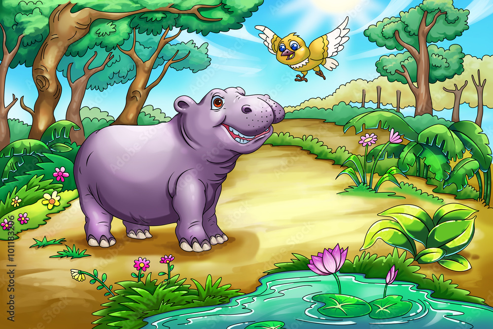 Illustration for Children: Hippo and Bird. Realistic Fantastic Cartoon  Style Artwork Scene, Wallpaper, Story Background, Card Design Stock  Illustration | Adobe Stock