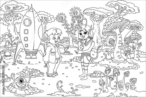Line Art   Coloring Book Illustration for Children  The Boy and Alien Girl on Alien Planet. Realistic Fantastic Cartoon Style Artwork Scene  Wallpaper  Story Background  Card Design 