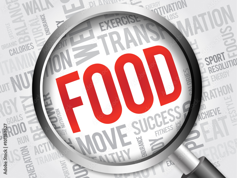 FOOD word cloud with magnifying glass, health concept FOOD word cloud with magnifying glass, health concept