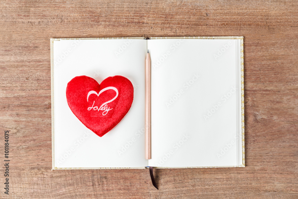 Blank open notebook with red heart, Business template mock up fo Blank open notebook with red heart, Business template mock up fo