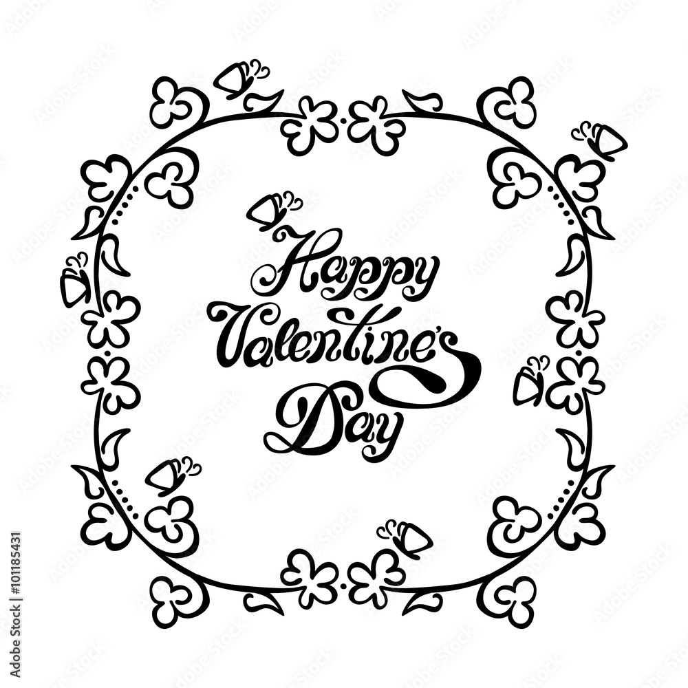Happy Valentine's Day. Isolated object on white background. Frame of flowers and butterflies.