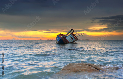 ship wrecked at sunset in Chonburi ,Thailand