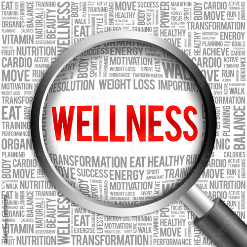 WELLNESS word cloud with magnifying glass, health concept