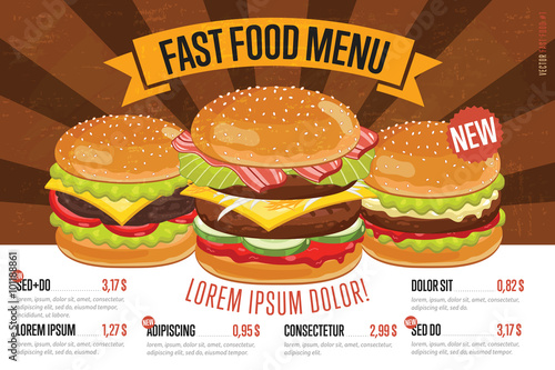 Fast food restaurant menu template vector illustration elements. Set of abstract advertising price tags about fast food meal. Different burgers and cheeseburgers.