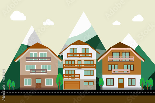 Small Town and Villas, Flat Illustration