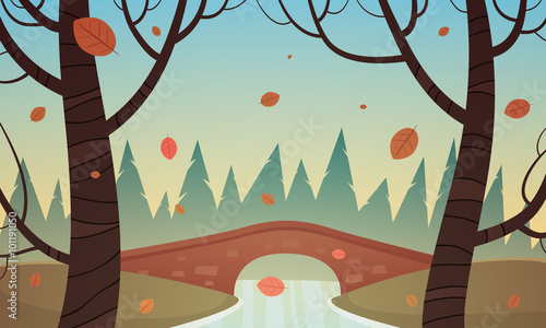 Small stone bridge in park, autumn cartoon landscape.