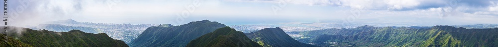 Panorama of scenery towards Honolulu from the Koolau mountain range's highest peaks on Oahu