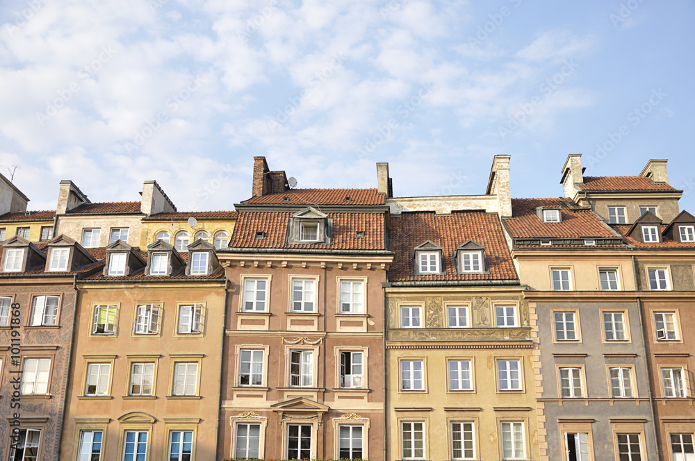 Detail of the colorful old houses located in the old town market place in Warsaw, the capital of Poland